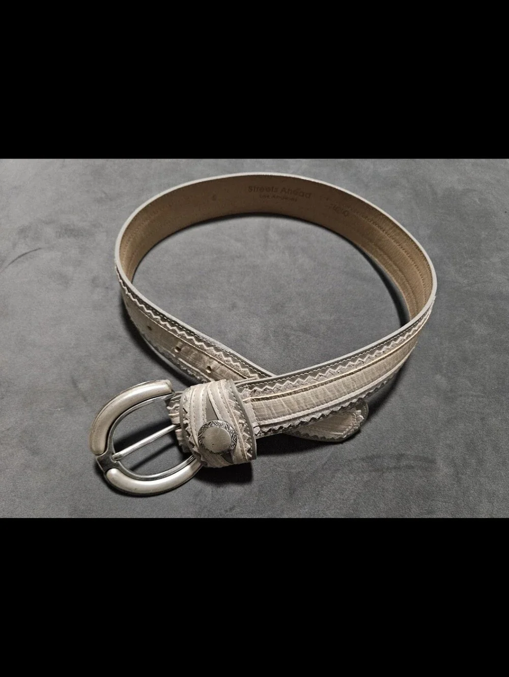 Streets Ahead Ivory Leather Belt with Decorative Silver Buckle